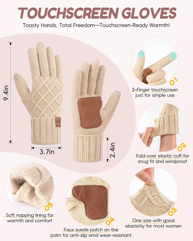 APEVAN Womens Winter Hat Gloves Scarf Headband Set, Pom Pom Beanie Long Scarf Touchscreen Gloves Ear Warmer, 4 in 1 Warm Gift Set - Image 4